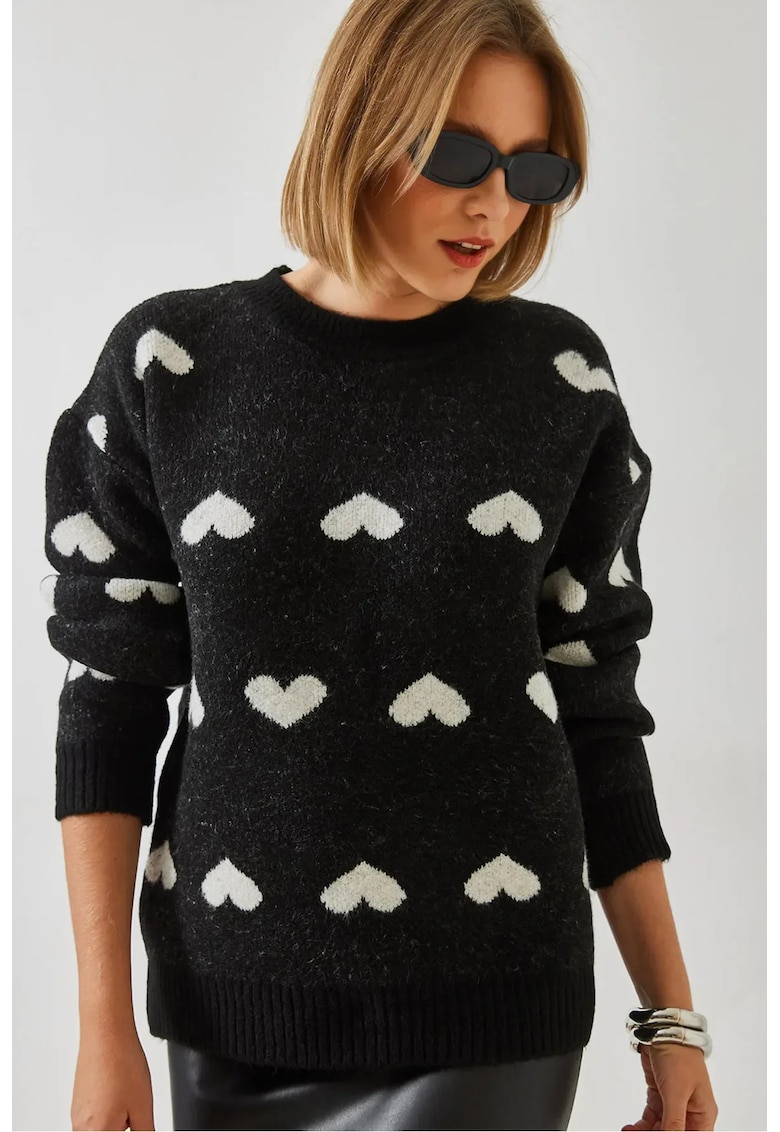 Pulover dama -  model cu guler rotund si model de inima - negru - acrilic -