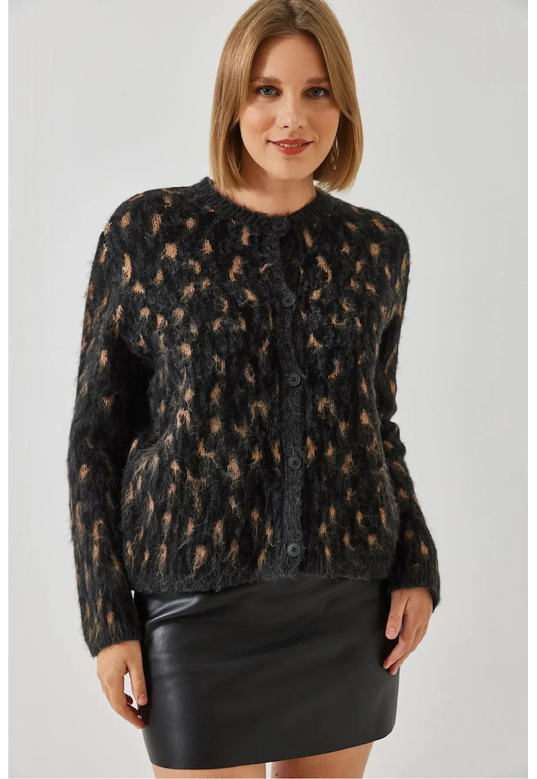 Pulover dama -  cardigan tricotat cu imprimeu leopard - material acrilic si poliester -