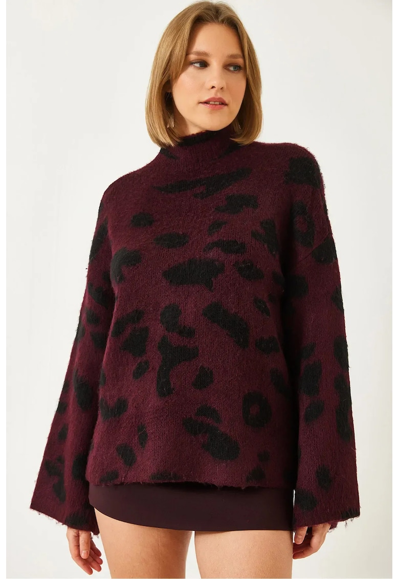 Pulover dama  Relaxed Fit - imprimeu leopard - guler inalt - visiniu - tricot -