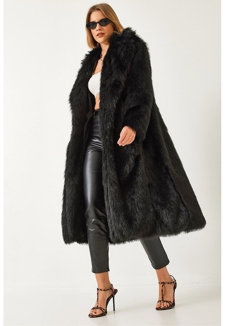 Palton lung dama -  blana artificiala - negru