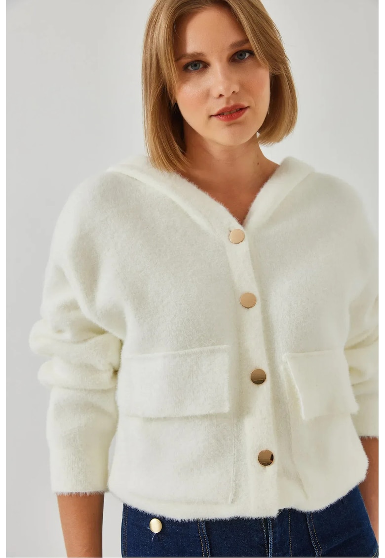 Cardigan scurt -  cu gluga - buzunar - bej - tricot -