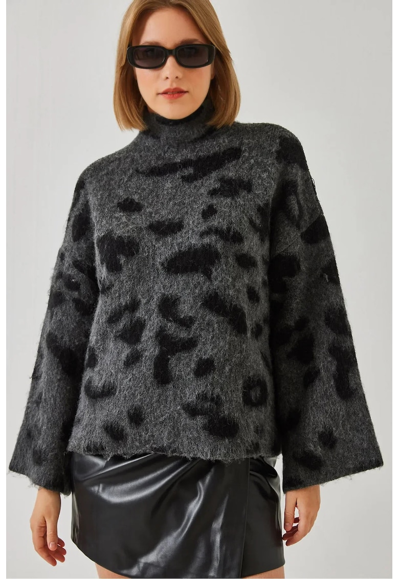 Pulover dama - imprimeu leopard - croiala lejera - gri inchis - tricot -