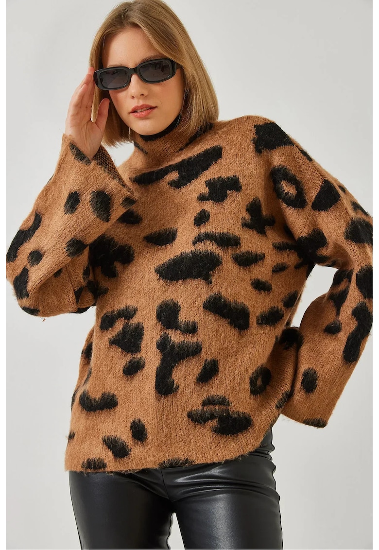 Pulover dama - HiCCUP - imprimeu leopard - croiala relaxata - maro scortisoara - tricot -