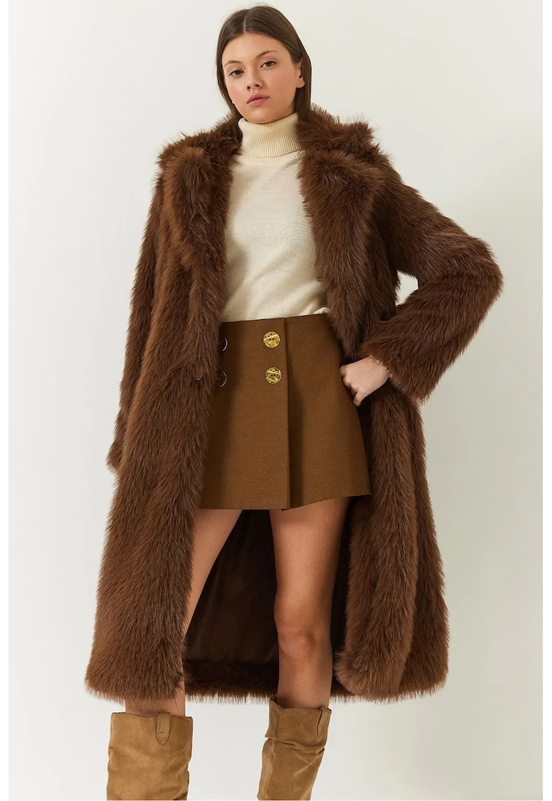 Palton lung dama -  blana artificiala - maro inchis