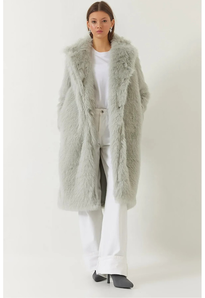Palton lung dama -  blana artificiala - gri deschis