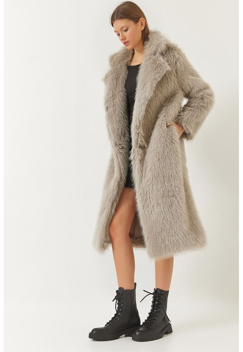 Palton lung dama -  blana artificiala - gri