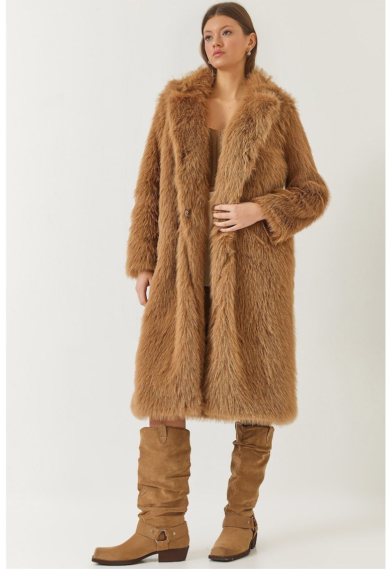 Palton lung dama -  blana artificiala - maro cognac