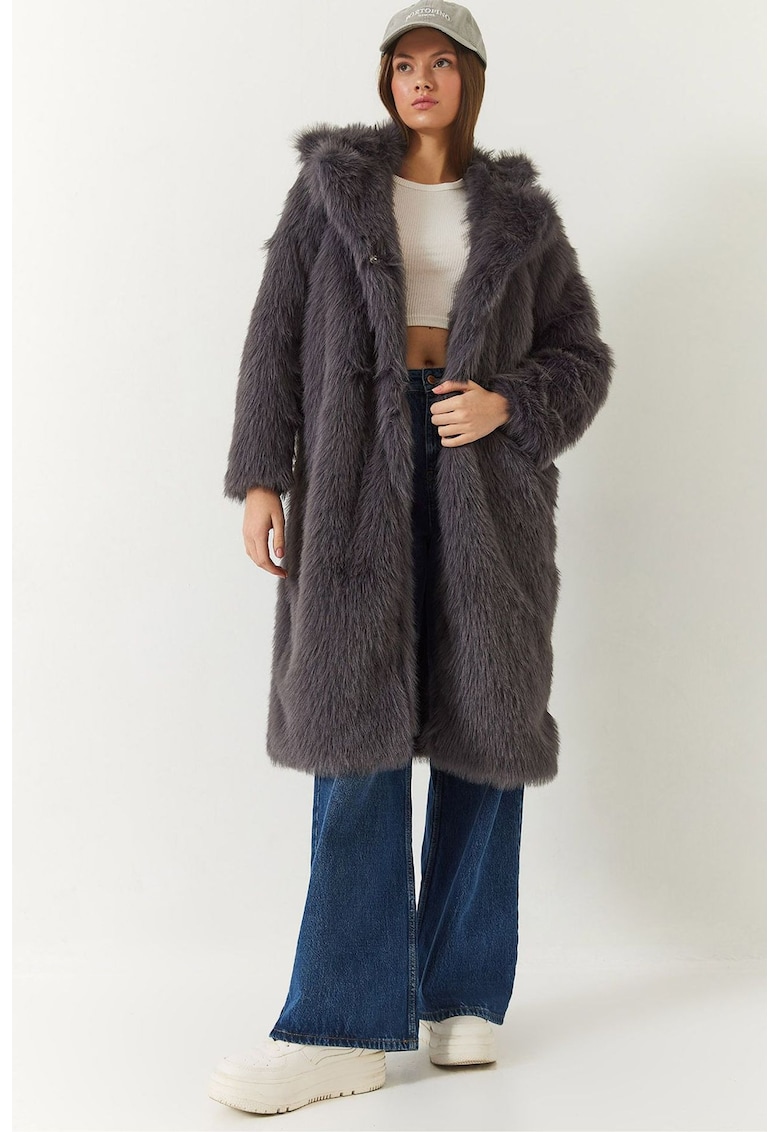 Palton lung dama -  blana artificiala - gri inchis