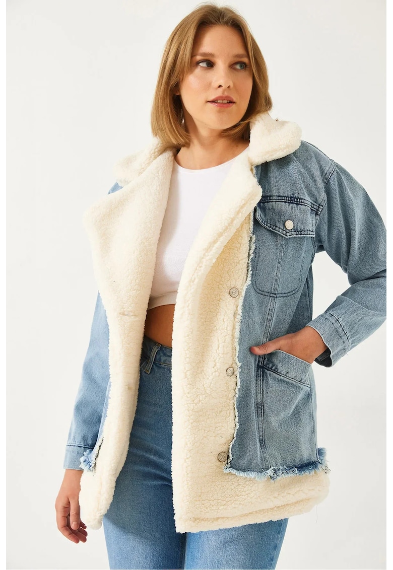 Geaca dama - denim - cu guler - bumbac-poliester - albastru/alb