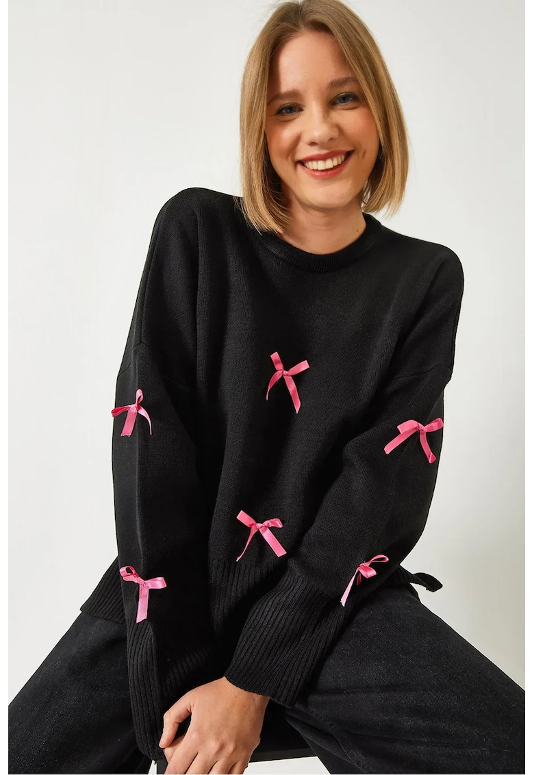 Pulover dama - acrilic - guler rotund - fundita - negru - tricot -