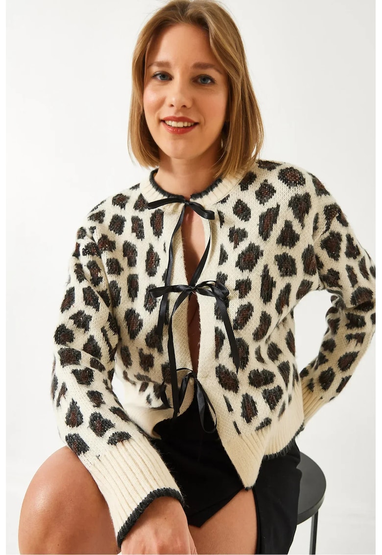Pulover dama -  cardigan tricotat - imprimeu leopard - bej - tricot -