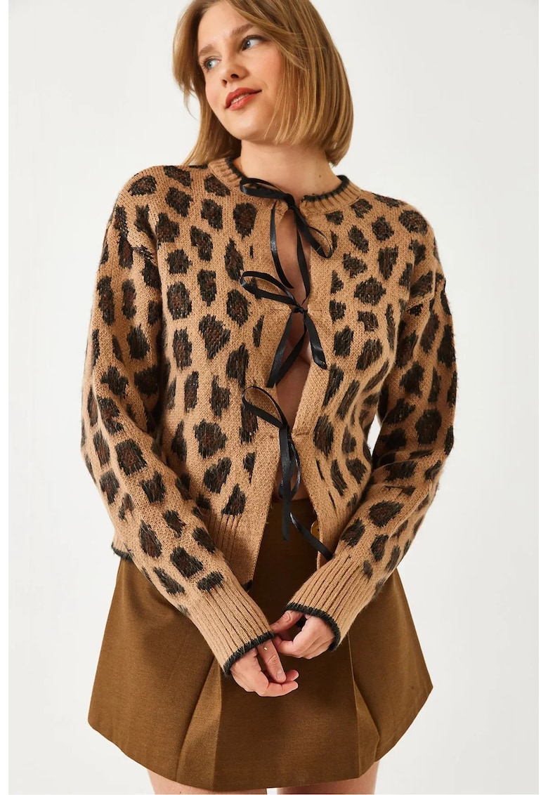 Pulover dama -  cardigan tricotat - imprimeu leopard - pompon - maro - tricot -
