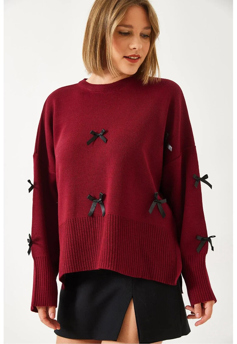 Pulover dama - acrilic - guler rotund - visiniu - tricot -