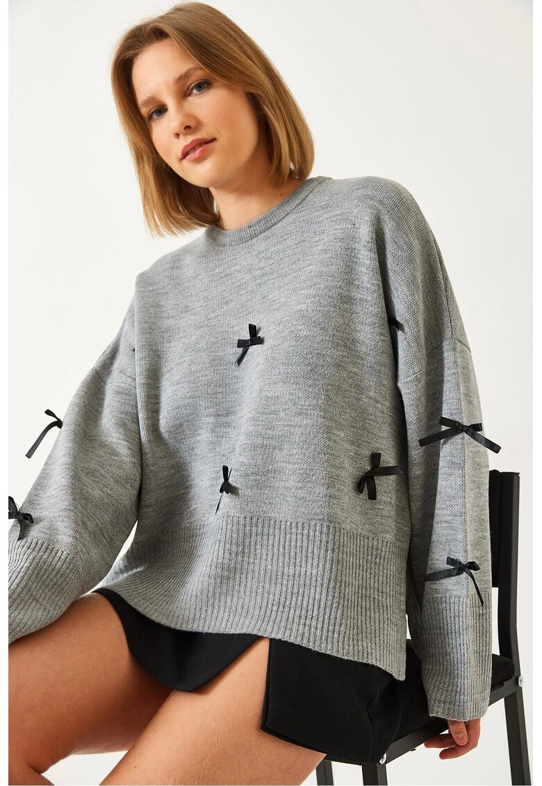 Pulover dama - acrilic - guler rotund - gri - tricot -