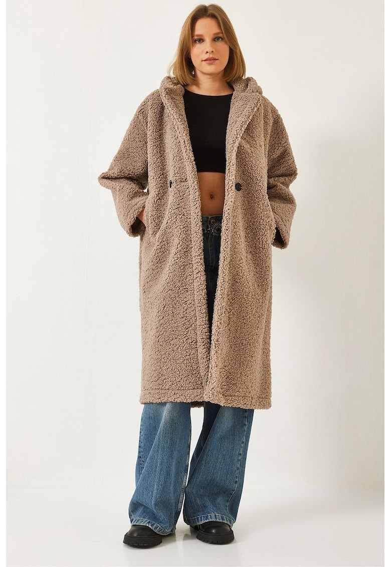 Palton lung dama -  poliester/elastan - maro melange