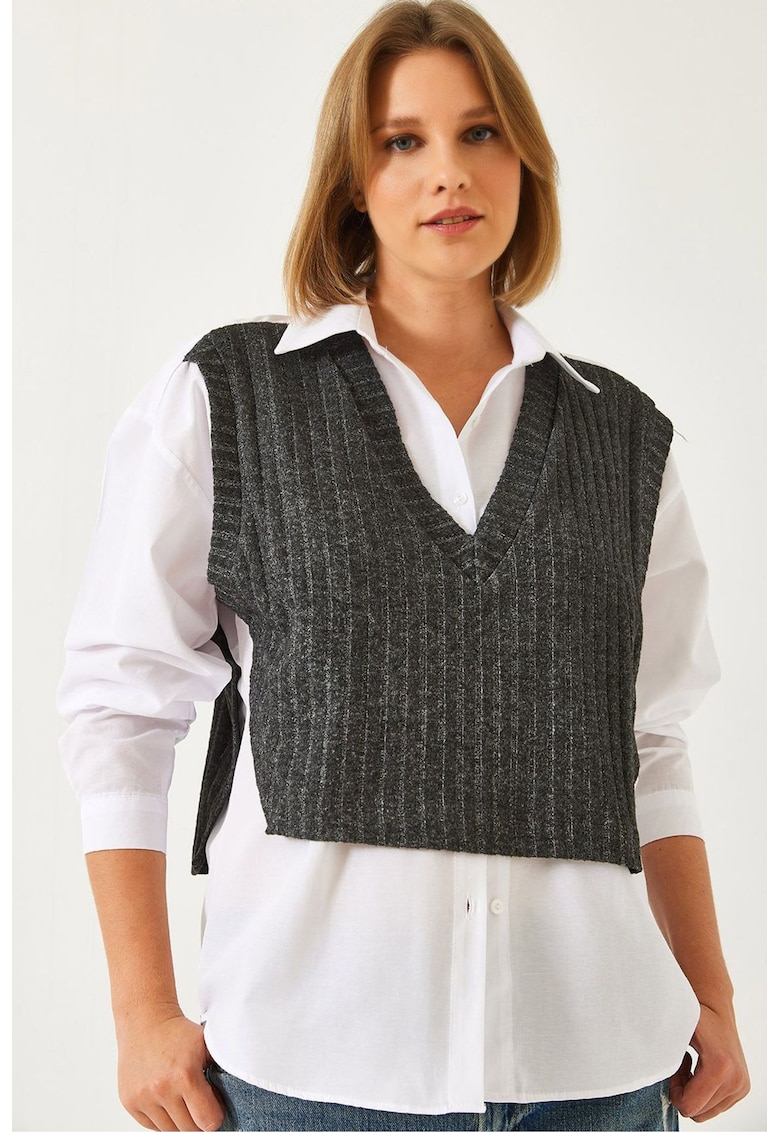 Camasa dama - tricotata texturata - decolteu in V - alb - textil