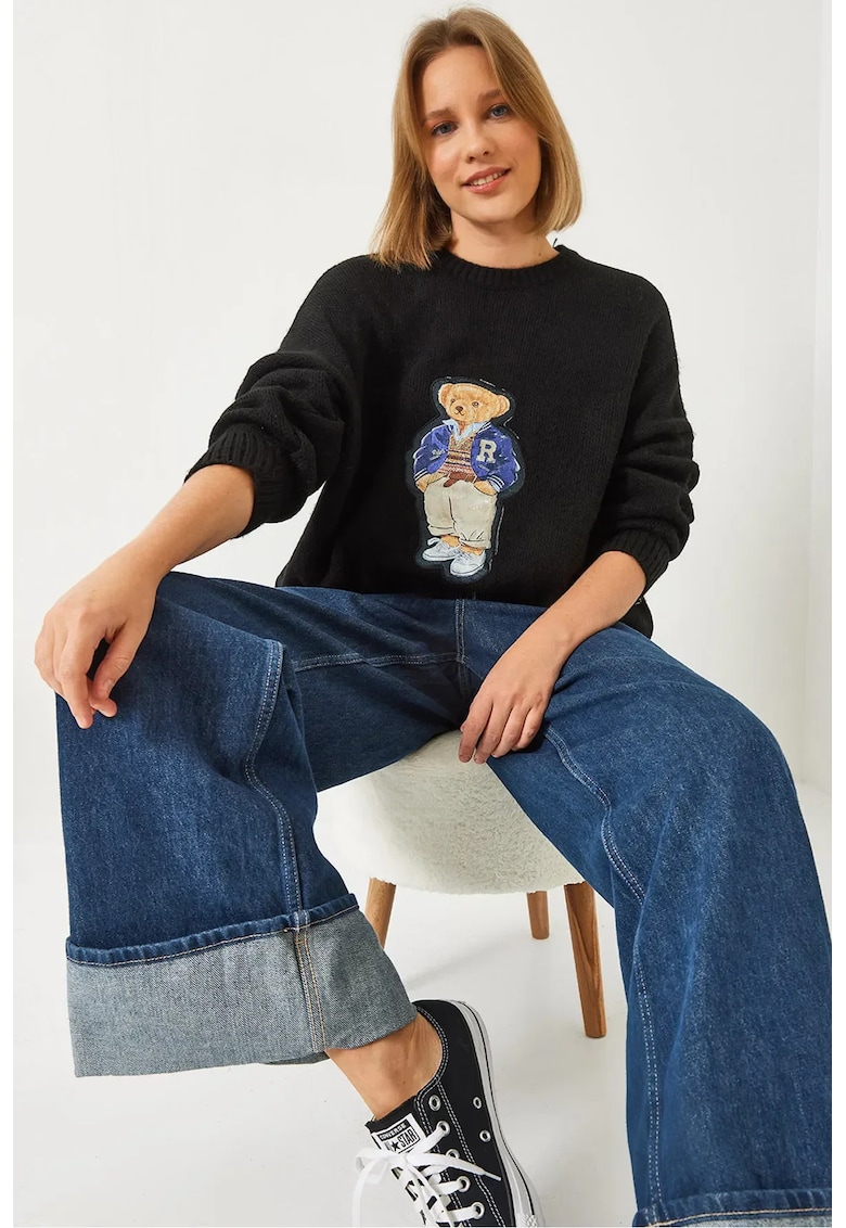 Pulover dama -  guler rotund supradimensionat - broderie - negru - tricot -