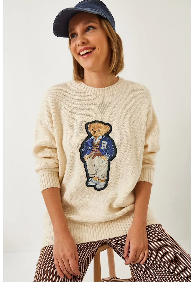 Pulover dama -  guler rotund supradimensionat - broderie - bej - tricot -