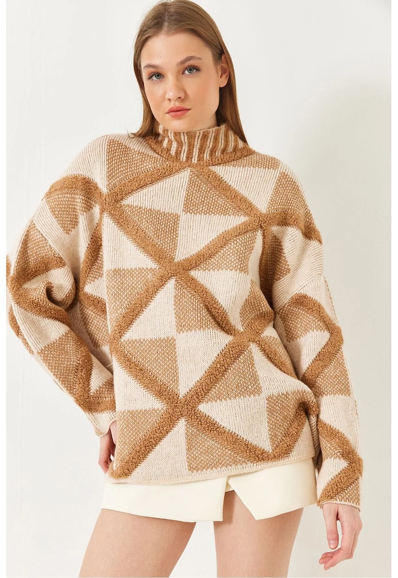 Pulover dama  supradimensionat cu guler inalt - model geometric - tricot -