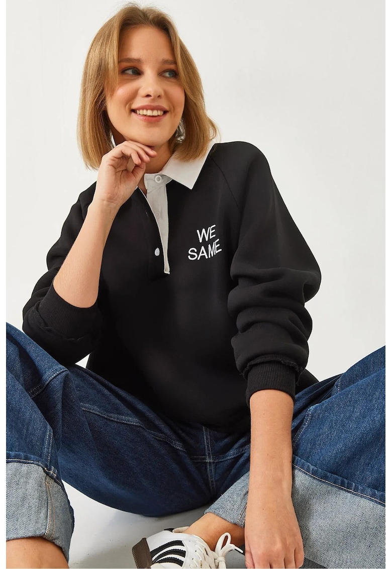 Hanorac dama - cu maneca lunga - guler polo brodat - negru - bumbac