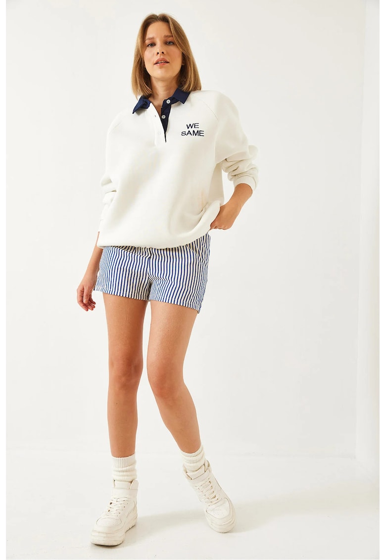 Hanorac dama - cu maneca lunga - guler polo brodat - alb - bumbac si poliester