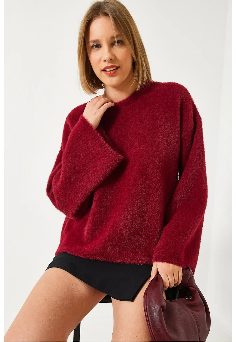 Pulover dama -  supradimensionat - guler rotund - detaliu din blana artificiala - visiniu - tricot -