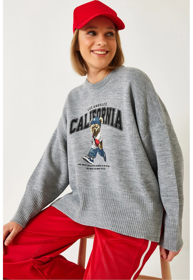 Pulover dama -  guler rotund - imprimeu supradimensionat - gri - tricot -