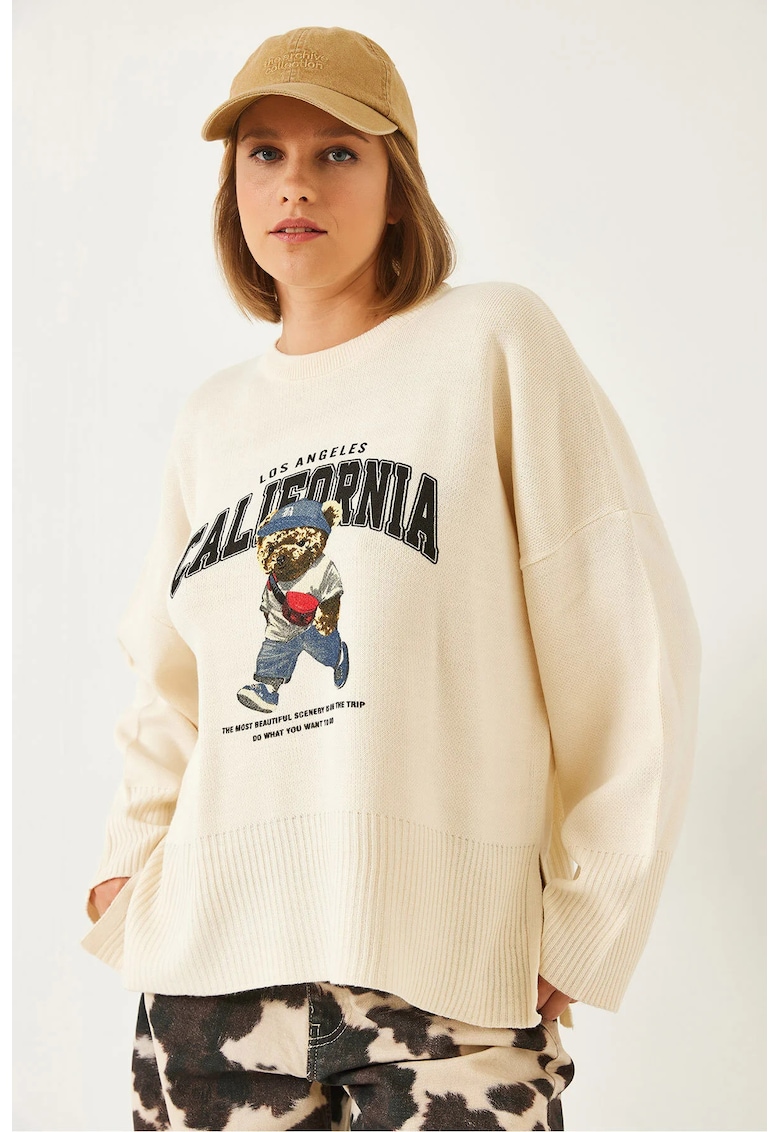 Pulover dama -  guler rotund - imprimeu supradimensionat - bej - tricot -