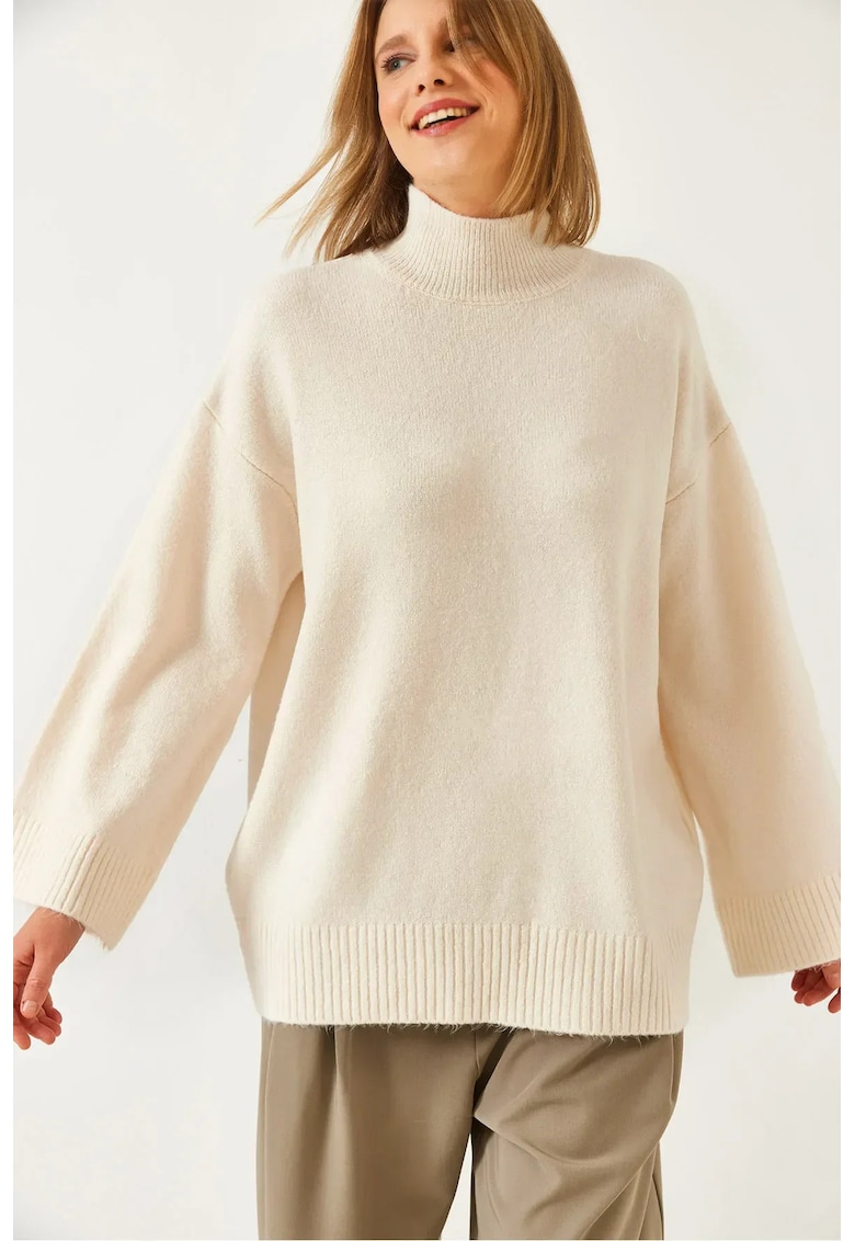 Pulover dama - guler inalt supradimensionat - buline - bej - tricot - Pulover dama - guler inalt supradimensionat - buline - bej - tricot -