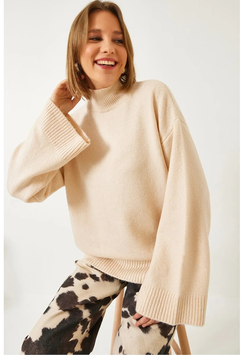 Pulover dama - guler inalt supradimensionat - buline - bej - tricot - Pulover dama - guler inalt supradimensionat - buline - bej - tricot -