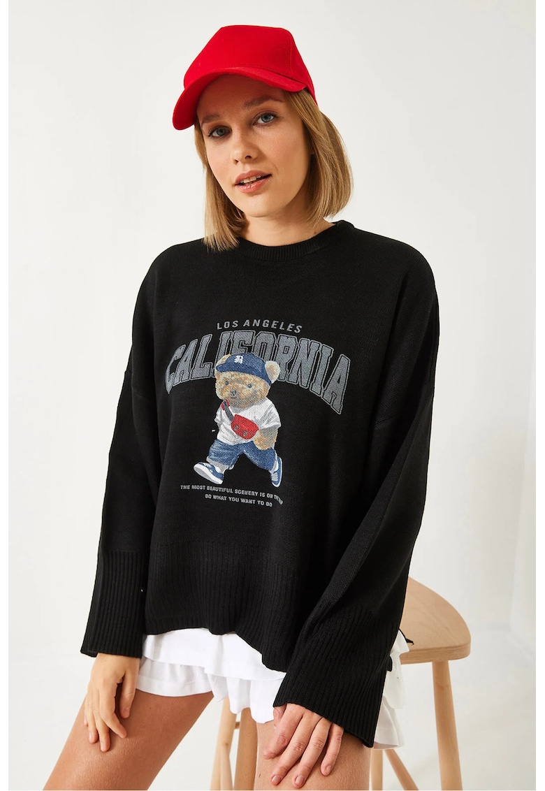 Pulover dama -  guler rotund - imprimeu supradimensionat - negru - tricot -