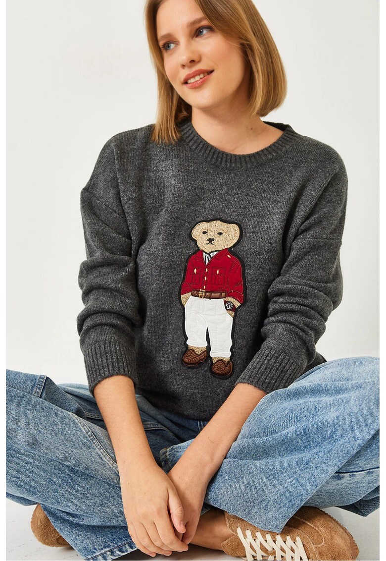 Pulover dama model brodat - gri inchis - tricot -