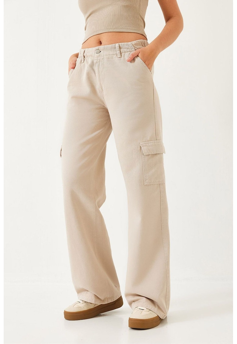 Blugi largi dama - croiala relaxata - talie cu snur - denim - bej