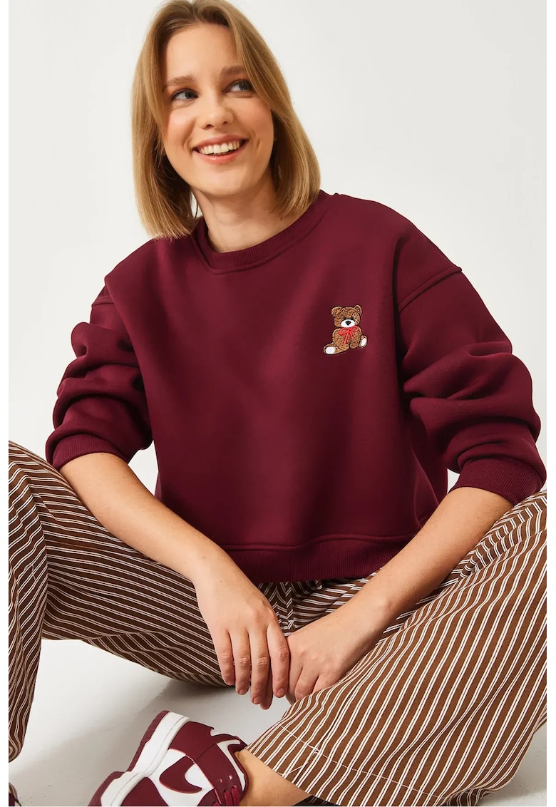 Hanorac dama - crop - brodat - visiniu - bumbac