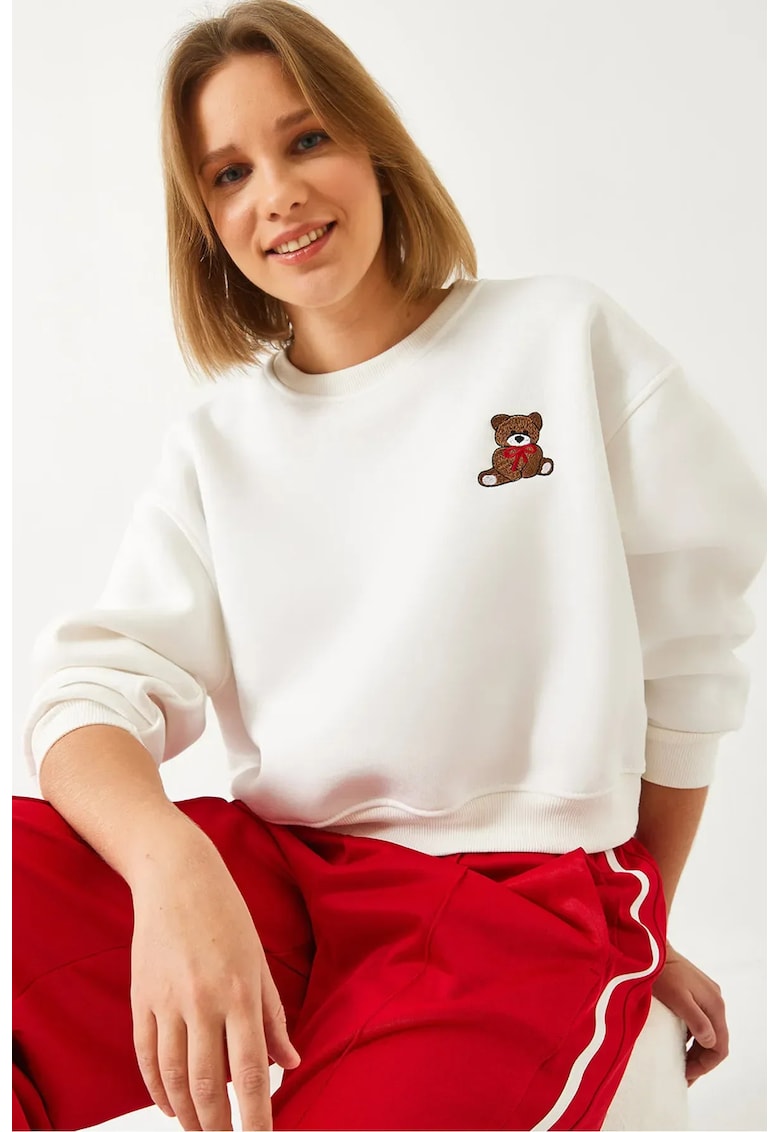 Hanorac crop - brodat cu funda - alb - poliester