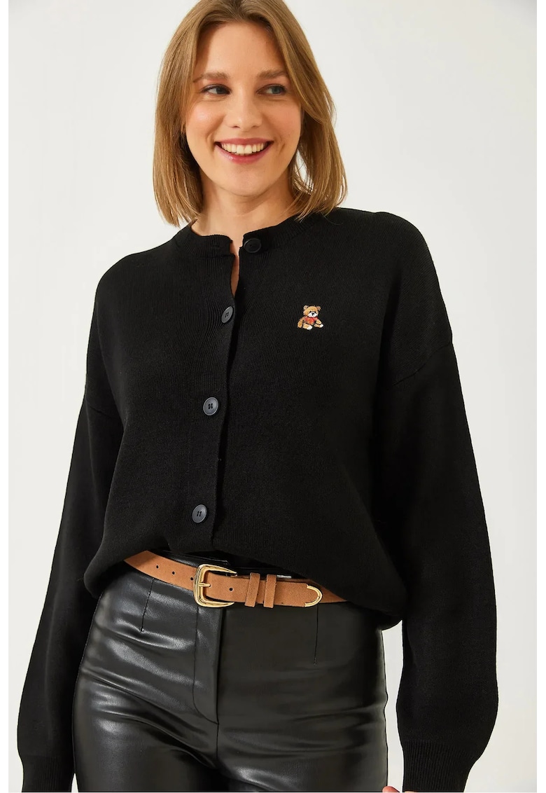 Pulover dama - cardigan cu nasturi si broderie - negru - tricot - Pulover dama - cardigan cu nasturi si broderie - negru - tricot -