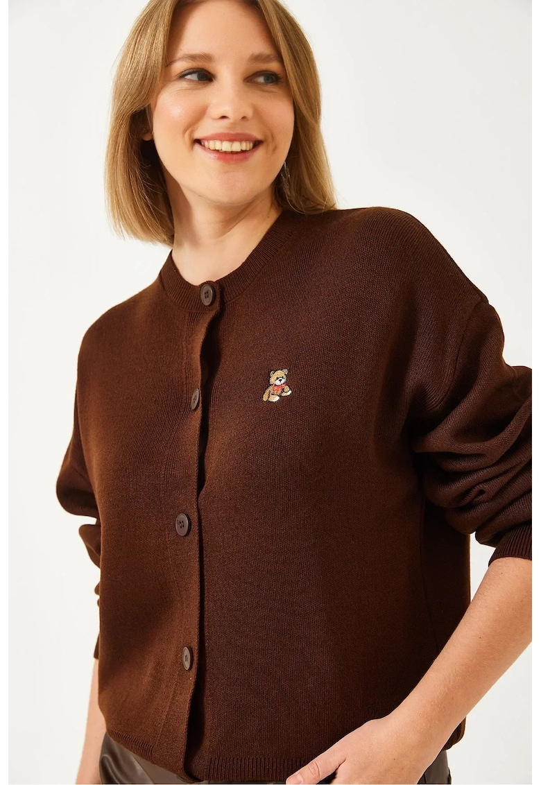 Pulover dama - cardigan cu nasturi si broderie - maro - tricot - Pulover dama - cardigan cu nasturi si broderie - maro - tricot -
