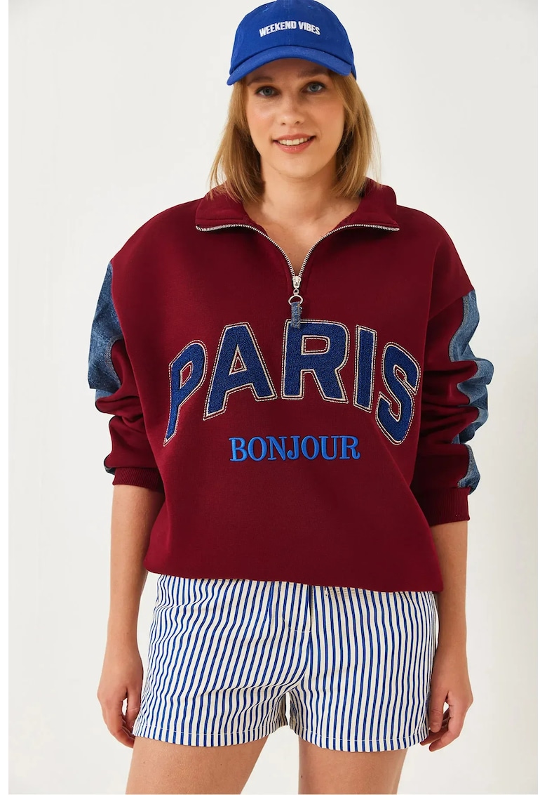 Hanorac dama supradimensionat cu guler cu fermoar - pompon - visiniu - bumbac