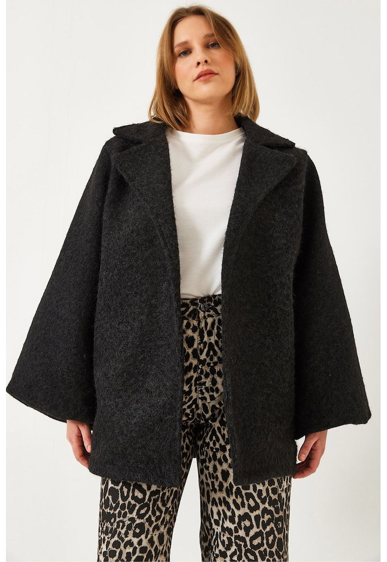 Palton dama texturat din fetru cu guler sal - negru - material textil -