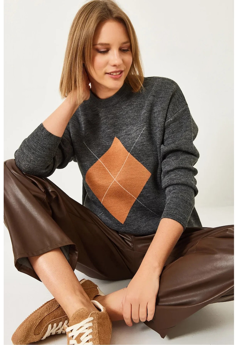 Pulover dama - acrilic - model baclava - gri inchis - tricot - Pulover dama - acrilic - model baclava - gri inchis - tricot -