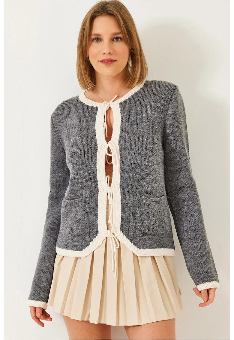Cardigan tricotat  cu nervuri si inchidere cu nod - gri - tricot -