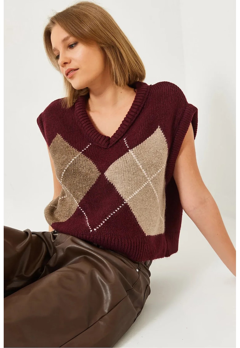 Pulover dama -  tricotat supradimensionat - decolteu in V - visiniu -