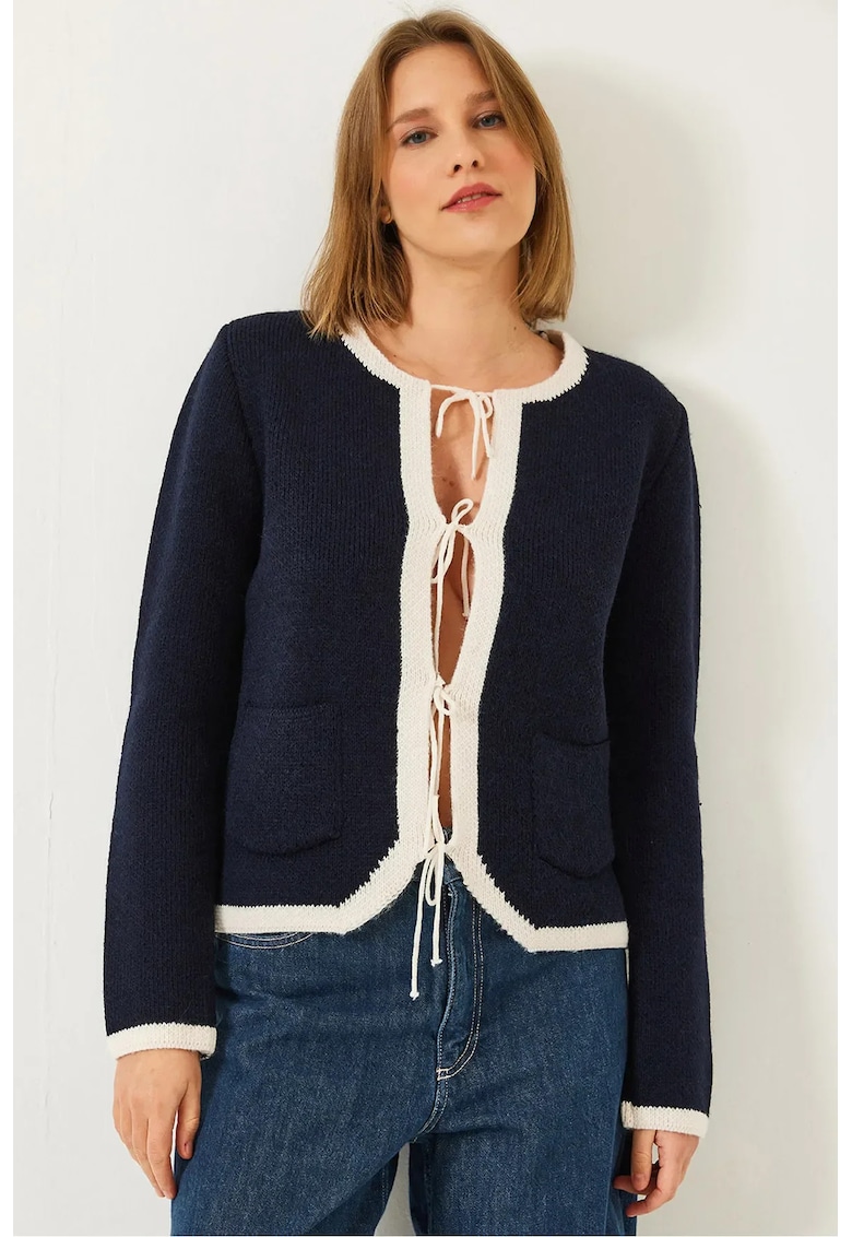 Pulover dama -  cardigan tricotat cu nervuri - inchidere cu nod si pompoane - bleumarin - tricot -