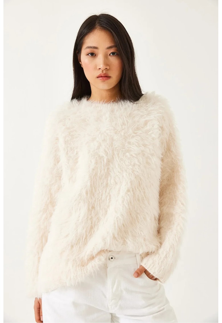 Pulover dama -  tricot - supradimensionat - detalii de plus - alb-galbui -