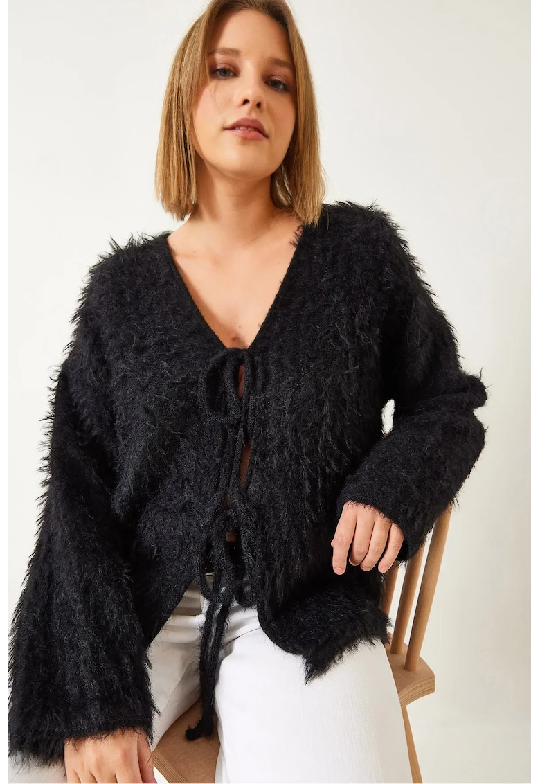 Pulover dama -  cardigan lung cu decolteu in V - tricot - negru -