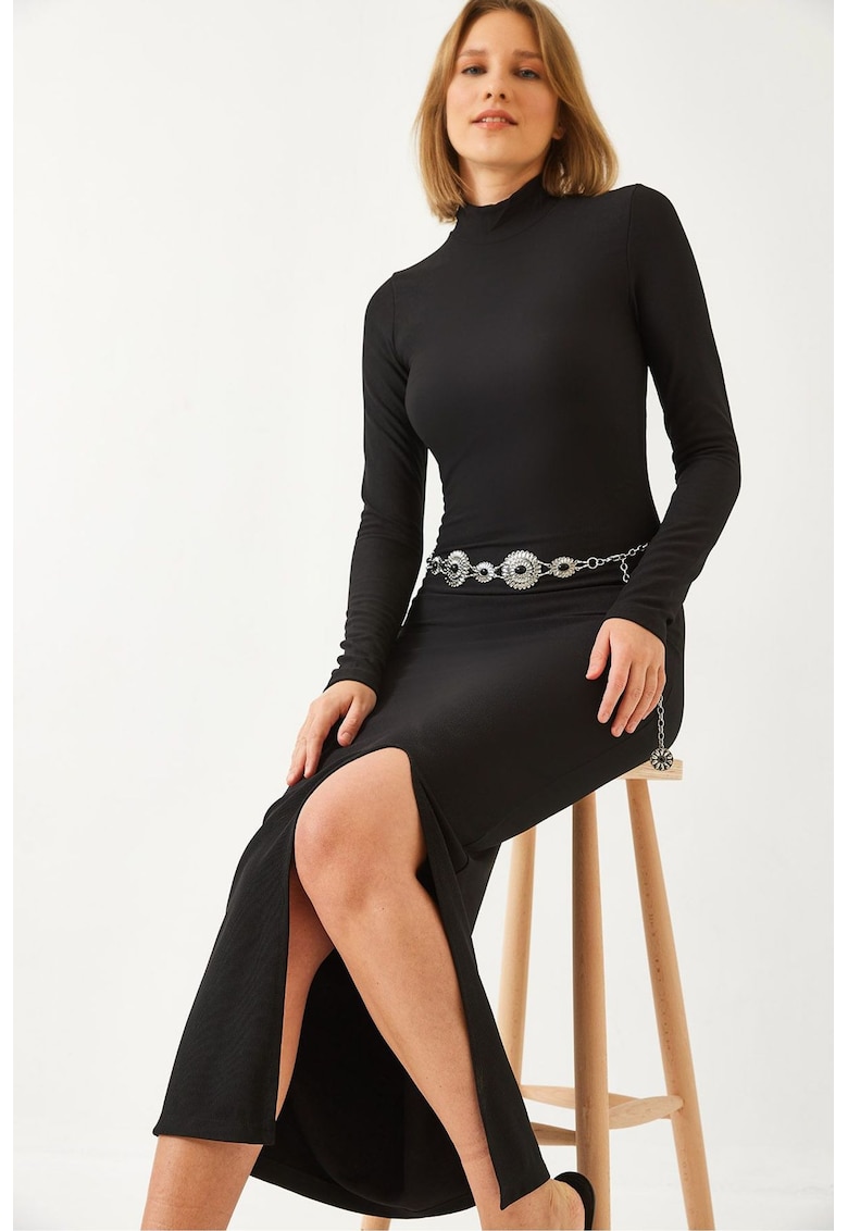 Rochie midi - texturata - guler inalt - negru - jerseu