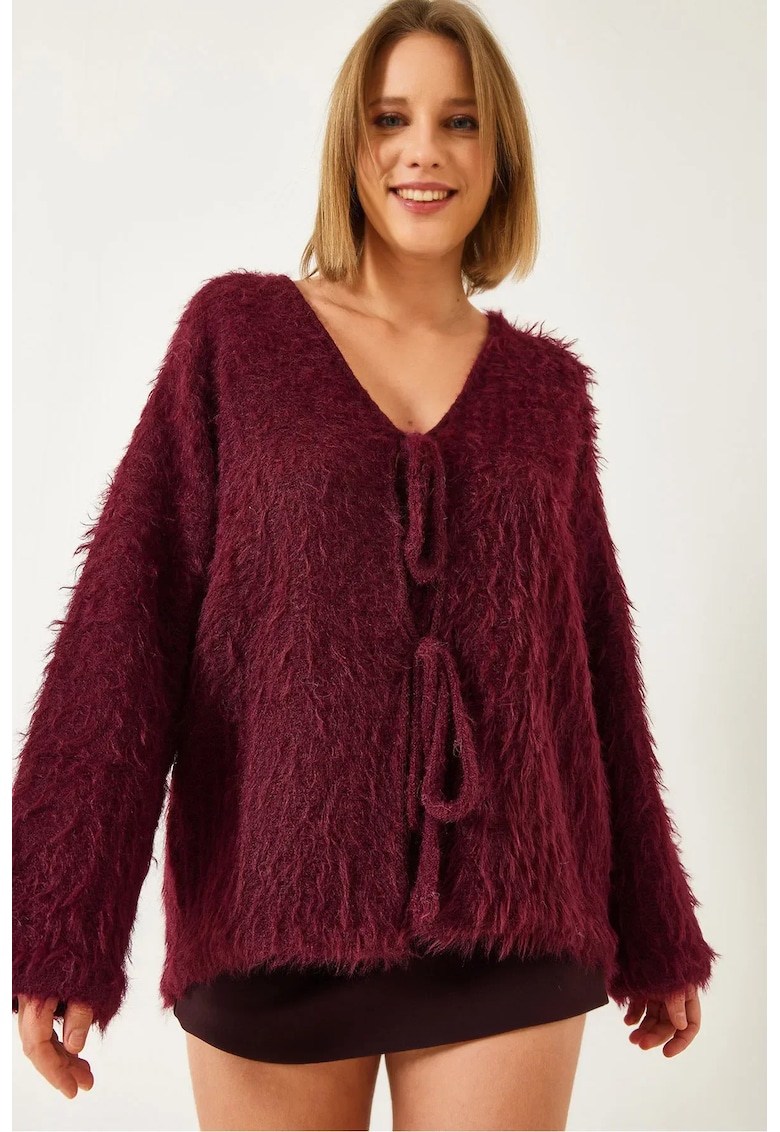 Pulover dama -  cardigan lung - decolteu in V - pompoane - visiniu - tricot -