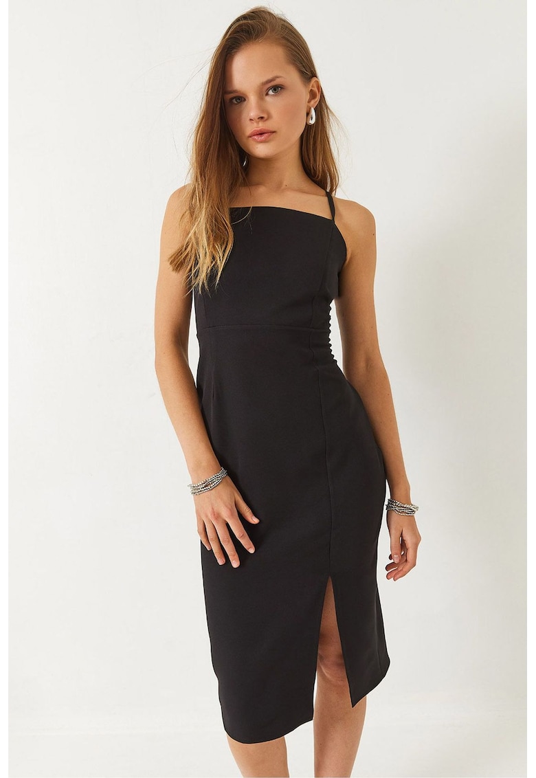 Rochie midi mulata guler patrat - crapatura - negru - textil - Rochie midi mulata guler patrat - crapatura - negru - textil -