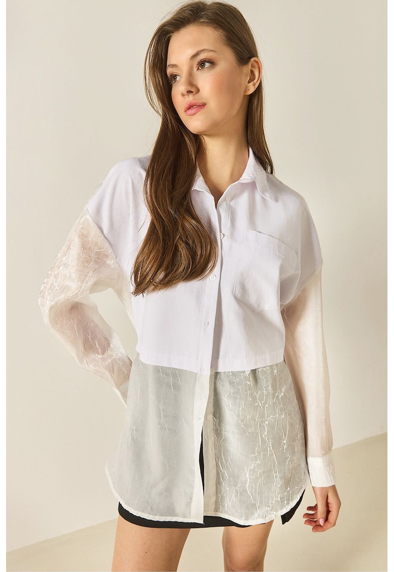 Camasa supradimensionata - maneca lunga - detalii din organza - alb - bumbac
