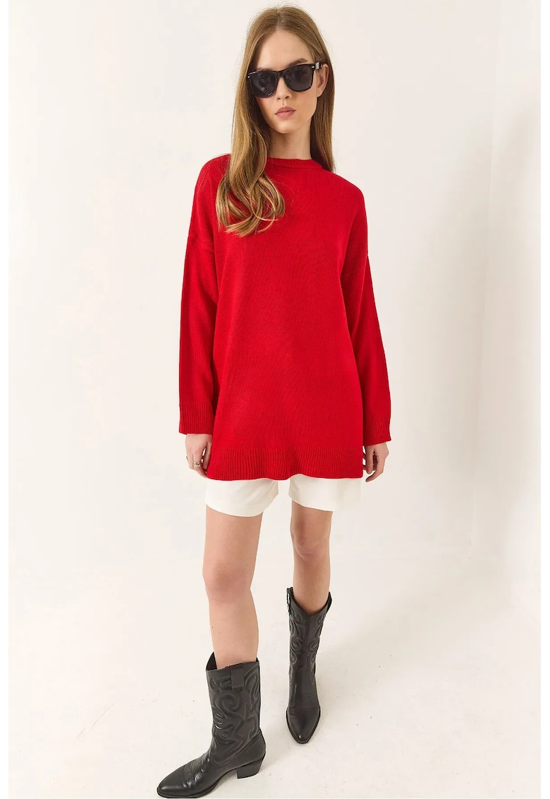 Pulover dama -  tricotat cu nervuri supradimensionate - guler rotund - rosu - tricot -